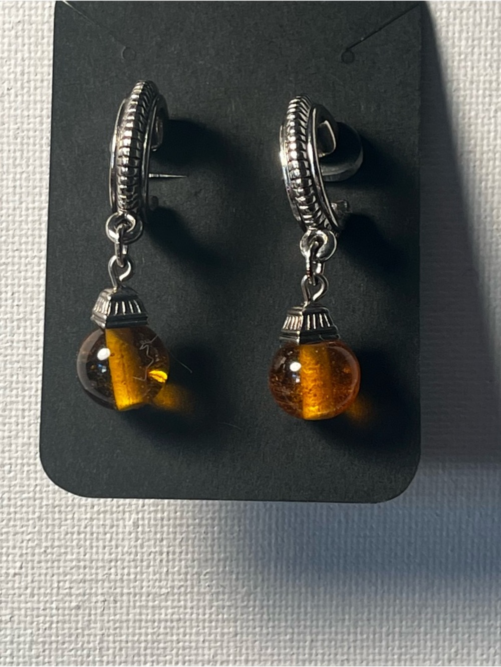 Napier Pieced Silver Tone Hoop Earring Dangle Amber Bead Accent Lightweight 90's